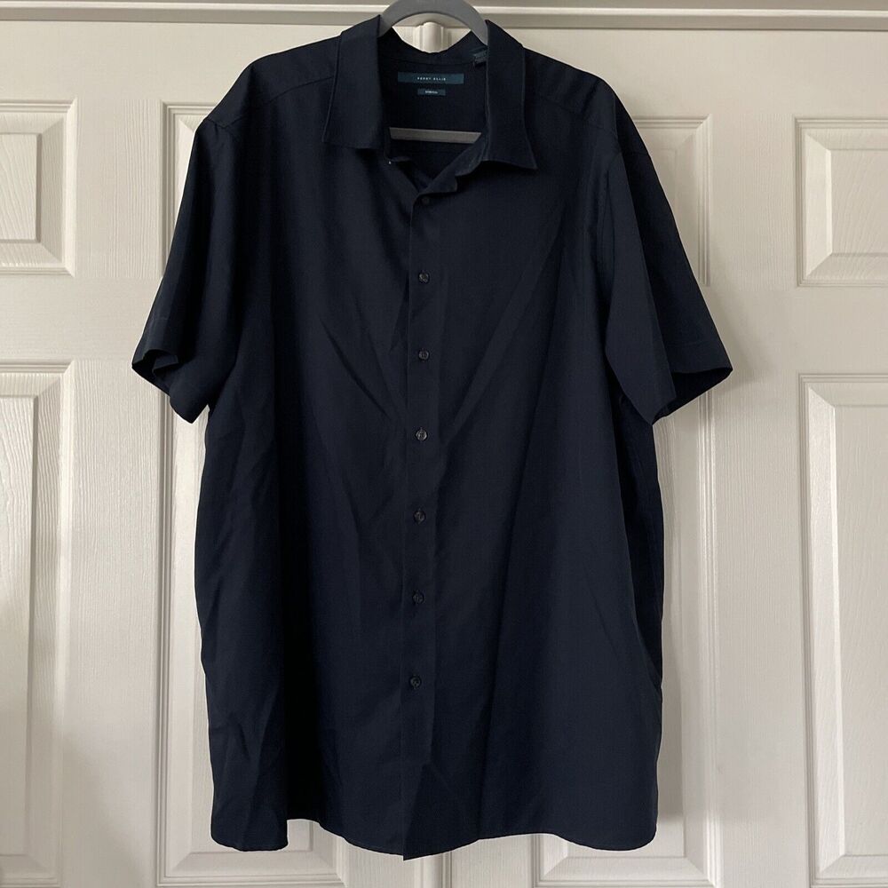 Perry Ellis Mens Button Up Shirt Size 2X Short Sleeve Blue Stretch Classic
